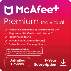 McAfee Premium Individual Protection, 2024, For 1 Device, 1-Year Subscription, Windows, Download
