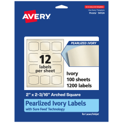 Avery® Pearlized Permanent Labels With Sure Feed®, 94124-PIP100, Arched Square, 2" x 2-3/16", Ivory, Pack Of 1,200 Labels