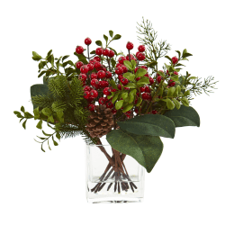 Nearly Natural 12"H Berry, Pine And Boxwood Artificial Arrangement, 12"H x 11"W x 8"D, Red/Clear