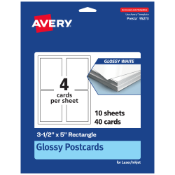 Avery® Printable Postcards, 95273-GWC10, Rectangle, 3.5" x 5", Glossy White, Pack Of 40