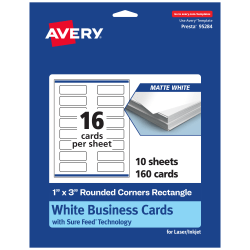 Avery® Printable Rounded Corner Mini Business Cards With Sure Feed® Technology, Print-To-The-Edge, 1"x3", Matte White, Pack Of 160