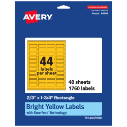 Avery® Print-To-The-Edge Labels With Sure Feed® Technology And Easy Peel®, 94209-BYP40, Rectangle, 2/3" x 1-3/4", Matte Bright Yellow, Pack of 1760