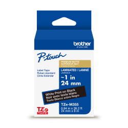 Brother P-touch TZeM355 Premium Matte Laminated Label Tape, 1" x 26.2 ft (24mm x 8m), White on Black