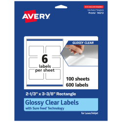 Avery® Glossy Permanent Labels With Sure Feed®, 94212-CGF100, Rectangle, 2-1/3" x 3-3/8", Clear, Pack Of 600