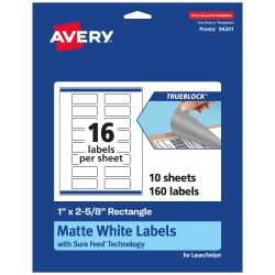 Avery® Print-To-The-Edge TrueBlock® Labels With Sure Feed®, 94201-TWMP10, Rectangle, 1" x 2-5/8", Matte White, Pack Of 160