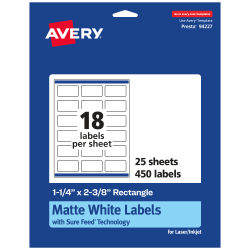 Avery® Permanent Labels With Sure Feed®, 94227-WMP25, Rectangle, 1-1/4" x 2-3/8", White, Pack Of 450