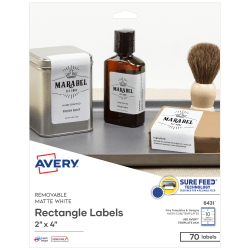 Avery® Removable Printable Labels With  Sure Feed® Technology, 6431, Rectangle, 2" x 4", Matte White, Pack Of 70