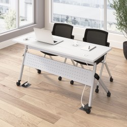 Bush Business Furniture Envision 60"W Folding Training Table with Powered Grommets and 2 Chairs, White/Cool Gray Metallic, Standard Delivery