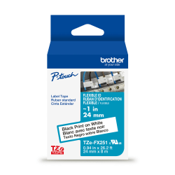 Brother P-touch TZeFX251G, Flexible ID Laminated, ~1in x 26.2ft (24mm x 8m), Black on White Label Tape