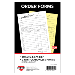 COSCO Order Form Book, 2-Part Carbonless, 8-1/2" x 5-1/2", Script, Book Of 50 Sets