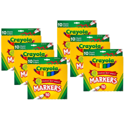 Crayola Broad Line Markers, Pack Of 6 Boxes, Broad Tips, Classic Colors, 10 Markers Per Box