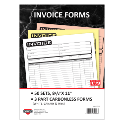 COSCO Invoice Form Book With Slip, 3-Part Carbonless, 8-1/2" x 11", Business, Book Of 50 Sets