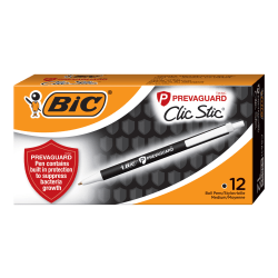 BIC® PrevaGuard Clic Stic Ballpoint Pens With Antimicrobial Additive, Medium Point, 1.0 mm, Black Barrel, Black Ink, Pack Of 12 Pens