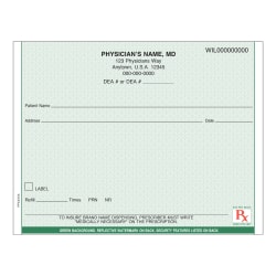 Custom Horizontal Prescription Pads, Green, 1 Part, 5-1/2" x 4-1/4", 100 Sheets Per Pad, Pack of 4 Pads