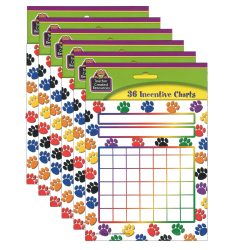 Teacher Created Resources Incentive Charts, Colorful Paw Prints, 5.25" x 6", 36 Sheets Per Pack, Set Of 6 Packs