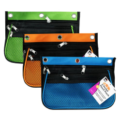 Charles Leonard Expanding Pencil Pouches, 7-1/4"H x 10-1/4"W x 2-1/2"D, Assorted Colors, Pack Of 3 Pouches