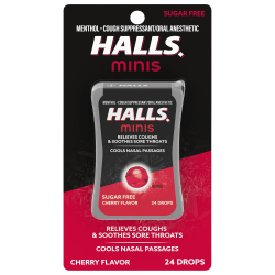 HALLS Mini Sugar Free Cherry Throat Drops, Soothing Menthol, Sugar Free, 24 Drops, 1 Pack