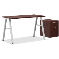 HON® Mod 48"WComputer Desk With A-Leg Base And Mobile Storage, Traditional Mahogany/Silver