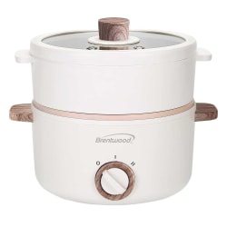 Brentwood® Multi-Function Electric Hot Pot Cooker with Stainless Steel Food Steamer and Ceramic Non-Stick Coating, 1.6-Qt., White