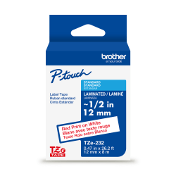 Brother P-touch TZe232, Laminated, 1/2" x 26.2 ft (12mm x 8m), Red on White Label Tape