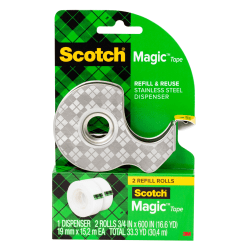 Scotch® Magic™ Stainless Steel Refillable Dispenser, .75 x 600 in, 2 Invisible Tape Rolls, Back to School Supplies and College for Students