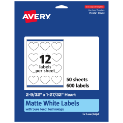 Avery® Permanent Labels With Sure Feed®, 94603-WMP50, Heart, 2-9/32" x 1-27/32", White, Pack Of 600
