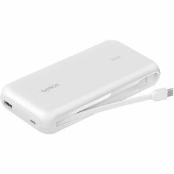 Belkin 30W 2-port Power Bank w/ Integrated USB-C Cable, 20K mAh, 1xUSB-A, 1xUSB-C, Portable Charger, White, BPB024FQWH
