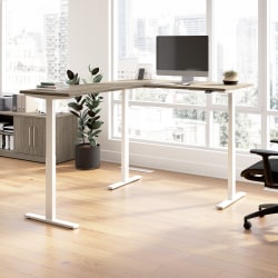 Bush Business Furniture Move 60 Series 60"W Height Adjustable L Shaped Standing Desk, Modern Hickory/White Powder Coat, Standard Delivery