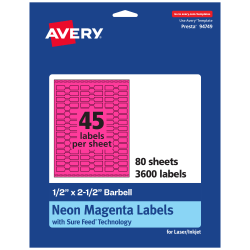 Avery® Printable Labels With Sure Feed® Technology, 94749-NMP80, Barbell, 1/2" x 2-1/2", Matte Neon Magenta, Pack of 3600