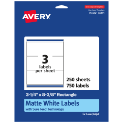 Avery® Permanent Labels With Sure Feed®, 94251-WMP250, Rectangle, 3-1/4" x 8-3/8", White, Pack Of 750