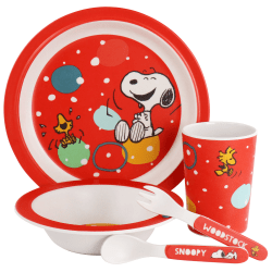 Peanuts Fun Times 5-Piece Kid's Bamboo Melamine Dinnerware Set, Red