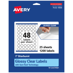 Avery® Glossy Permanent Labels With Sure Feed®, 94606-CGF25, Starburst, 1", Clear, Pack Of 1,200