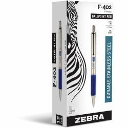 Zebra® Pen F-402 Retractable Ballpoint Pen, Fine Point, 0.7 mm, Silver Barrel, Blue Ink