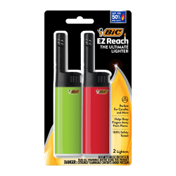BIC EZ Reach Lighters With Extended Wands, 4-1/4"H x 1"W x 1/2"D, Assorted Colors, Pack Of 2 Lighters