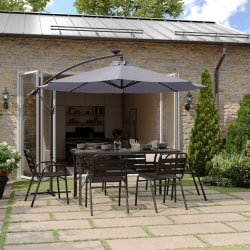 Flash Furniture Sedona Commercial Grade 10ft Round Solar LED Cantilever Umbrella with Easy Lift and Tilt Function, Built in Cross Base, Gray