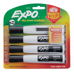 EXPO® Magnetic Dry Erase Markers With Eraser, Chisel Tip, Black Ink, Pack Of 4