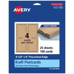 Avery® Printable Postcards With Sure Feed® Technology, 3-1/2" x 5" Rectangle Flourished Edge, Kraft Brown, Pack Of 100