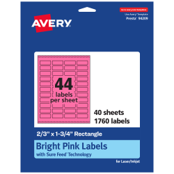 Avery® Print-To-The-Edge Labels With Sure Feed® Technology And Easy Peel® Label Feature, 94209-BPP40, Rectangle, 2/3" x 1-3/4", Matte Bright Pink, Pack of 1760