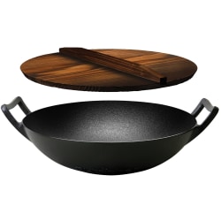 NutriChef Pre-Seasoned Cooking Wok - Cast Iron Stir Fry Wok with Wooden Lid - 2 Pieces - Cooking, Frying - Oven Safe - Black - Cast Iron, Metal, Silicone Body - Wood Lid - 1