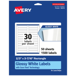 Avery® Glossy Permanent Labels With Sure Feed®, 94210-WGP50, Rectangle, 2/3" x 3-7/16", White, Pack Of 1,500