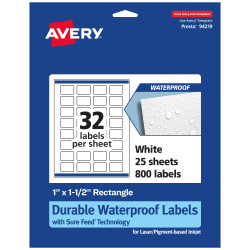 Avery® Waterproof Permanent Labels With Sure Feed®, 94219-WMF25, Rectangle, 1" x 1-1/2", White, Pack Of 800