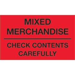 Tape Logic® Preprinted Shipping Labels, DL1111, Mixed Merchandise ? Check Contents Carefully, Rectangle, 3" x 5", Fluorescent Red, Roll Of 500