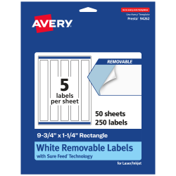 Avery® Removable Labels With Sure Feed®, 94262-RMP50, Rectangle, 9-3/4" x 1-1/4", White, Pack Of 250 Labels
