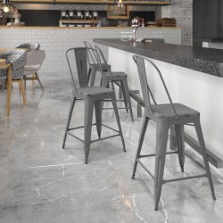 Flash Furniture Commercial-Grade 24"H Distressed Indoor/Outdoor Metal Bar Stools With Backs, Set Of 4 Bar Stools, Silver