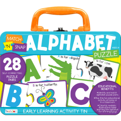 Bendon, Inc. Match N' Snap Puzzles In Lunchbox Tin, Alphabet, Set Of 28 Puzzle Pairs