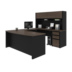 Bestar Connexion 72"W U-Shaped Executive Computer Desk With Pedestal And Hutch, Antigua/Black