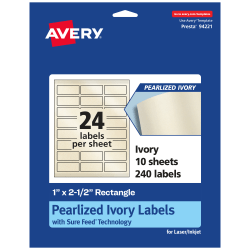 Avery® Pearlized Permanent Labels With Sure Feed®, 94221-PIP10, Rectangle, 1" x 2-1/2", Ivory, Pack Of 240