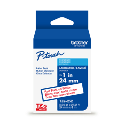 Brother P-Touch TZe252, Laminated,  ~1in x 26.2ft (24mm x 8m), Red on White Label Tape