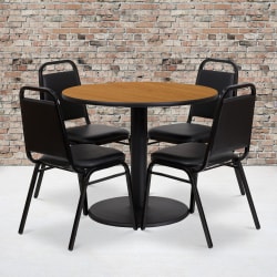 Flash Furniture Round Laminate Table Set With Round Base And 4 Trapezoidal-Back Banquet Chairs, 30"H x 36"W x 36"D, Natural/Black