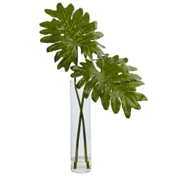 Nearly Natural Selloum 29"H Artificial Plant With Cylinder Glass Vase, 29"H x 27"W x 19-1/2"D, Green